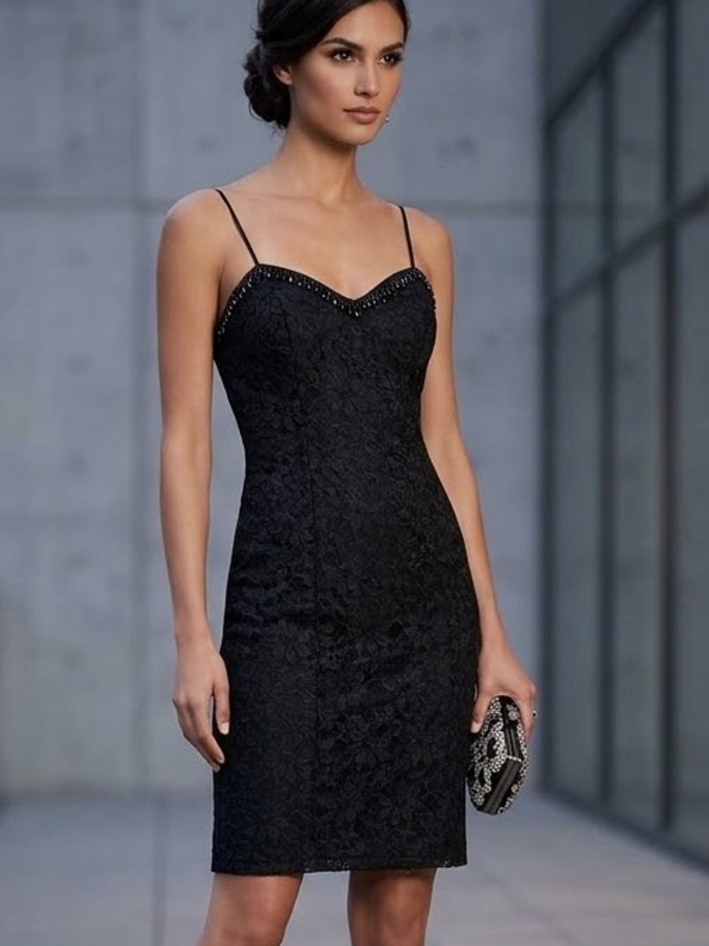 Vintage Shubette Black Lace Mini Dress Beaded Sweetheart Neckline Size: M